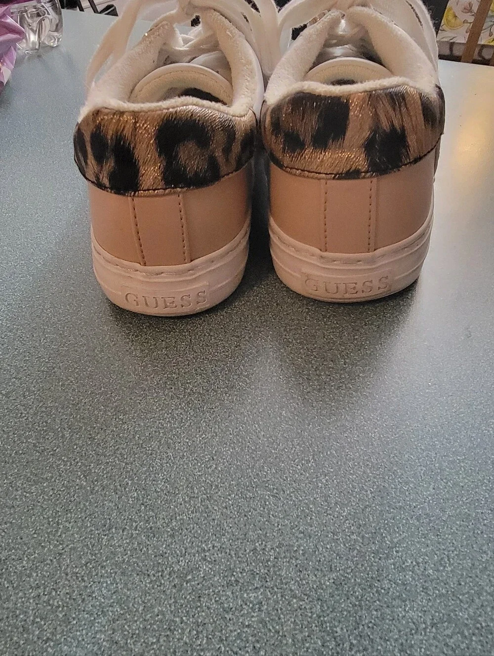 GUESS Women's White Sneakers with Leopard Print and Green Glitter Accents Size 8